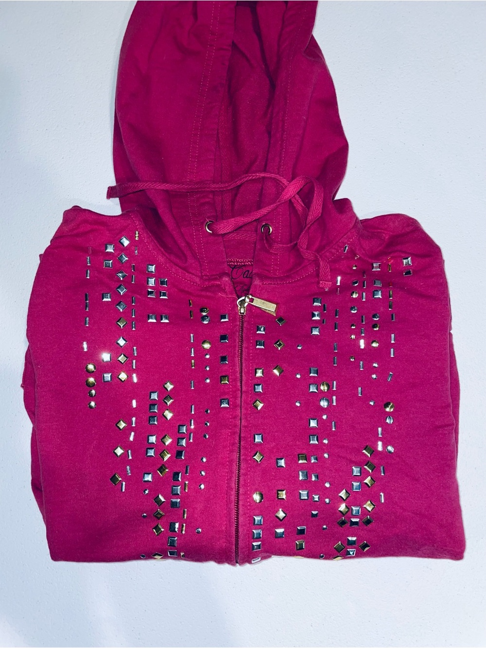 Fuchsia/Burgundy Studded Zip-Up Hooded Jacket